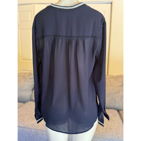 Greylin Split Neck Long Sleeve Crochet Trim Hook & Eye Chiffon Blouse Navy - Picture 3 of 7